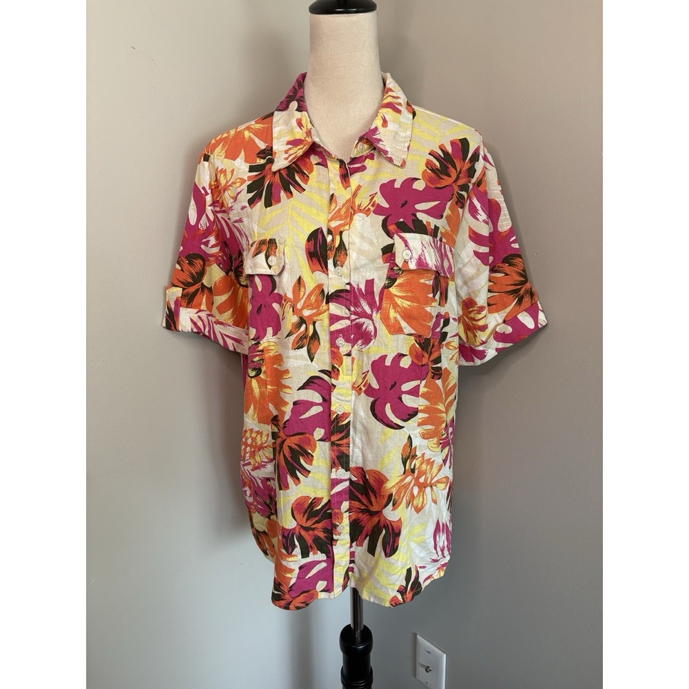 VTG White Stag Floral Tropical Palm Linen Blend Shirt Button Up Women's XL Y2K